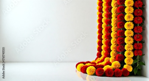 Indian marigold flower garland photo with orange and yellow blossoms on white background for Diwali, wedding, festival celebration and greeting card design
