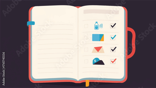 Illustration Vector Journal Open To A Tracker Page, Showing Habits Like Water Intake, Reading, And Sleep Being Marked Off Vector Design Template