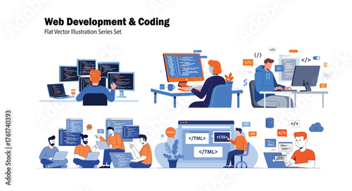 A collection of vector illustrations depicting web developers coding on computers, showcasing various scenes of programming and software development.
