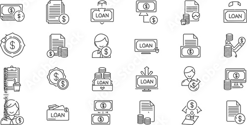 Loan, Finance, and Banking Services Line Icons Set