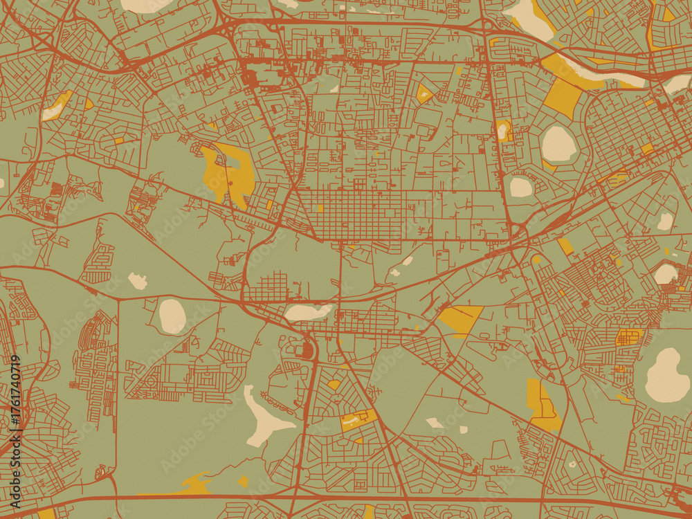Naklejka premium Flat painterly map of Boksburg, South Africa in sage green ground with rust-red roads and ochre accents.