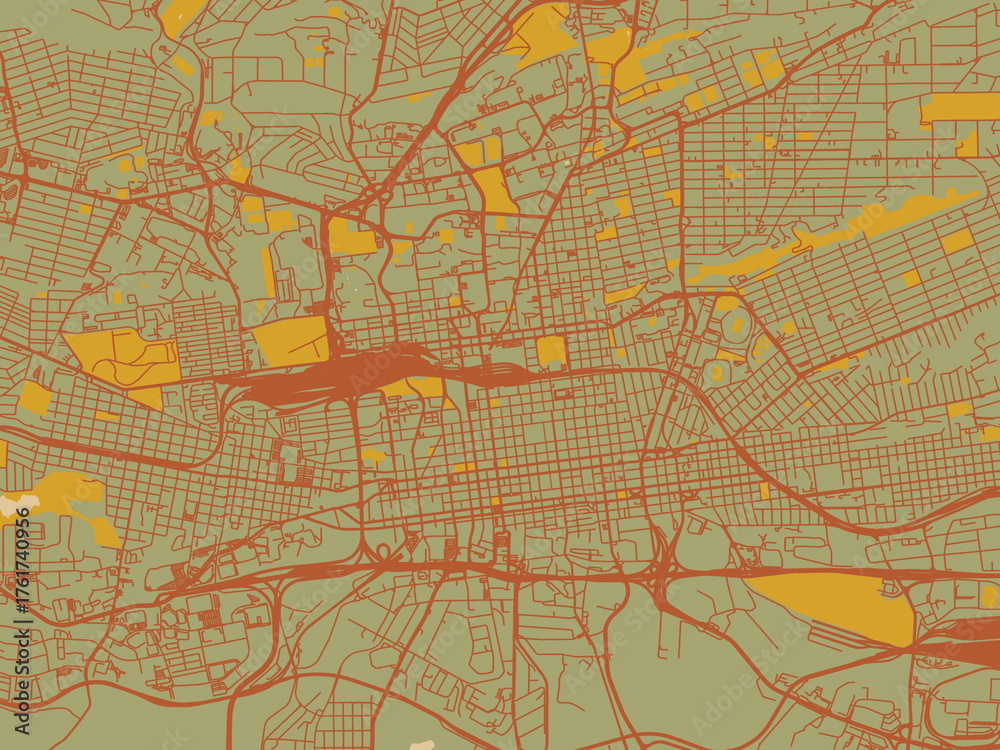 Naklejka premium Minimalist flat city map of Johannesburg Center, South Africa with muted sage base, rust-colored roads, and soft ochre highlights.