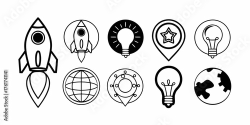 Illustration of line art icons including rockets, light bulbs, and globes in a row on a white background on transparent background