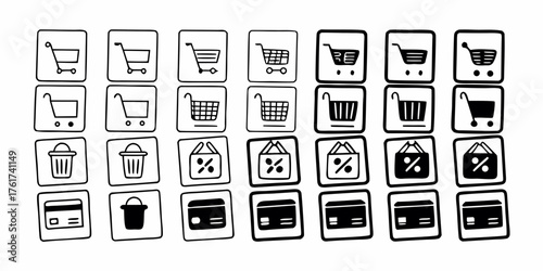 Collection of thirty square icons depicting shopping carts, trash cans, discount bags, and credit cards on transparent background