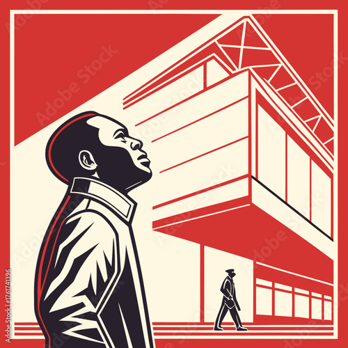 A determined man looks up at a modern building with architectural details symbolizing ambition and progress in a stylized graphic art style with bold red and cream colors