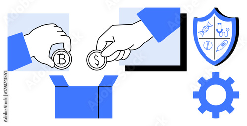 Hands donating Bitcoin and dollar coins into a box, shield symbolizing healthcare safety, and a gear for productivity. Ideal for finance, donation, innovation, technology, security, charity