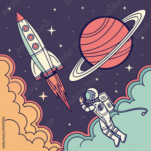 A retro style illustration of a rocket ship blasting off into a starry night sky with a ringed planet and a waving astronaut floating amongst colorful cosmic clouds