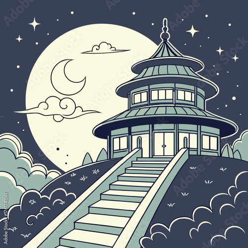 A serene night scene features a traditional east asian pagoda perched atop a hill illuminated by a large pale moon and twinkling stars with a crescent moon and stylized clouds adorning the dark sky