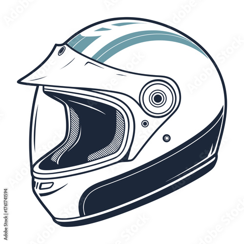 A sleek modern motorcycle helmet with a clear visor and subtle blue racing stripes depicted in a clean graphic illustration style perfect for sports and adventure themes