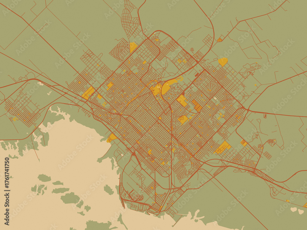 Obraz premium Decorative flat city map of Bahia Blanca, Argentina using sage/olive tone field with rust networks and ochre shapes, cream water.