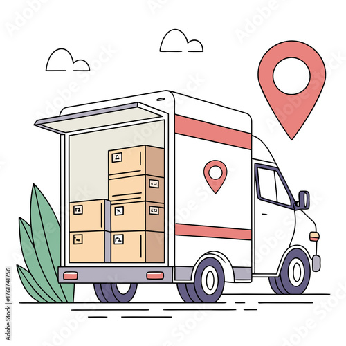 A white delivery truck with its back door open filled with stacked cardboard boxes a large red location pin icon and stylized clouds suggesting a journey or destination