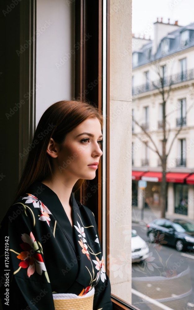 Fototapeta premium Thoughtful woman in kimono gazes out window at parisian street, lost in contemplation and reflection