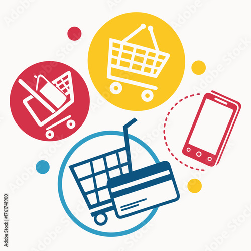 Conceptual illustration of online shopping and e commerce featuring shopping carts credit cards and a smartphone symbolizing digital transactions and retail convenience