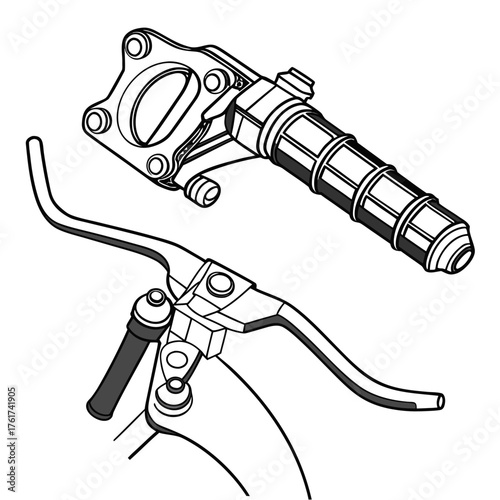 Detailed line art illustration of a motorcycle throttle grip and brake lever assembly showing mechanical components and control mechanisms for a vintage or classic vehicle