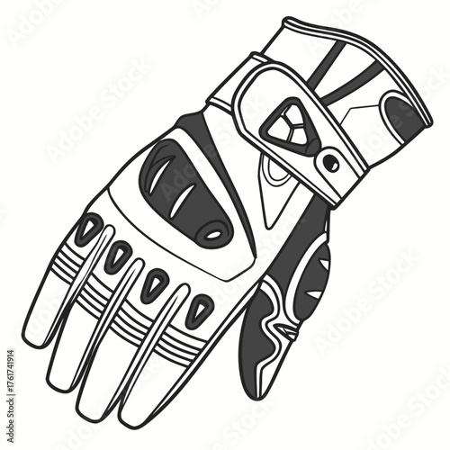 Detailed black and white line art illustration of a modern motorcycle racing glove with protective padding and ventilation details on a clean white background perfect for design projects