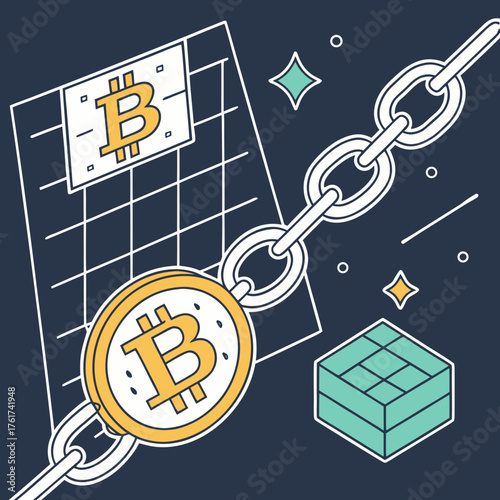 Digital currency bitcoin symbol on a blockchain chain connecting to a grid and a cube representing decentralized ledger technology and cryptocurrency transactions