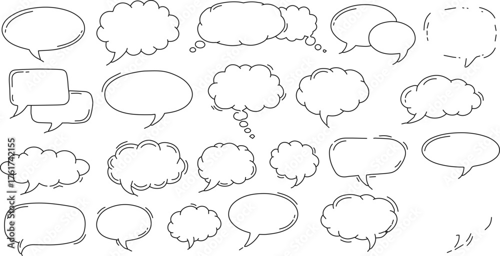 Fototapeta premium Doodle Speech Bubbles, Thought Clouds, and Chat Boxes Line Art Set