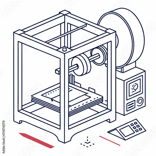 Isometric line art illustration of a 3d printer with filament spool and control panel representing modern manufacturing and technology