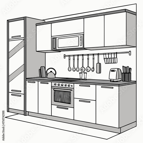 Modern minimalist kitchen interior design with sleek cabinetry integrated appliances including a microwave and oven and organized utensil storage rendered in a clean line art style