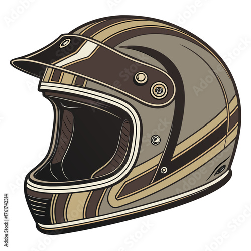 Retro style motorcycle helmet with a vintage design featuring brown and tan stripes and a protective visor perfect for adventure riders and classic bike enthusiasts