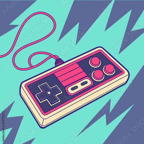 Retro video game controller with a pink cord and buttons on a teal and purple lightning bolt background evoking nostalgia for classic gaming