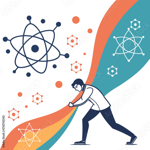 Scientist pushing a colorful wave of abstract atomic structures and molecules representing scientific discovery and innovation in research and development