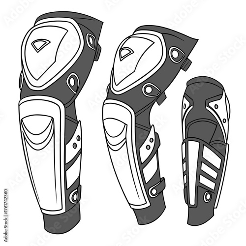 Set of three protective gear pieces for extreme sports including knee pads and shin guards shown from different angles in a clean graphic illustration style on a white background