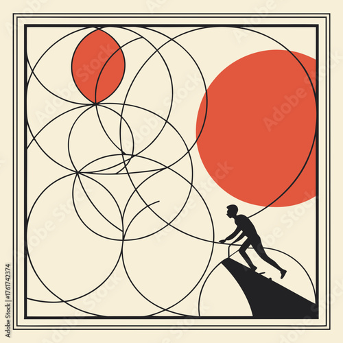Silhouette of a determined person pushing forward against a backdrop of abstract geometric circles and two large red suns symbolizing perseverance and the pursuit of goals