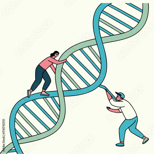 Two scientists collaborate to manipulate and understand the complex double helix structure of dna representing a breakthrough in genetic research and scientific discovery