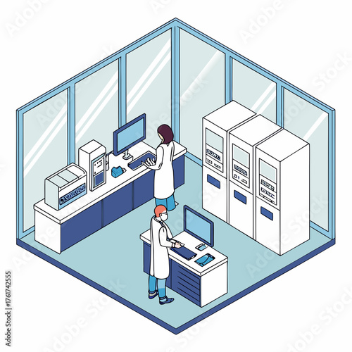 Two scientists in white lab coats work in a modern laboratory setting with computers and server racks illustrating research and development in a clean sterile environment