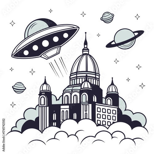 Whimsical illustration of a retro flying saucer hovering over a grand domed building nestled amongst stylized clouds and distant planets and stars in a surreal outer space scene