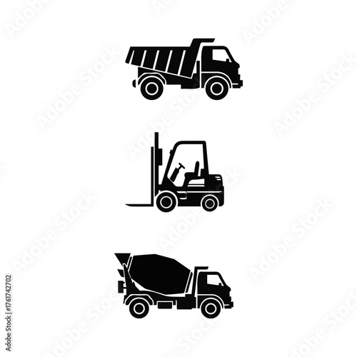 Construction Vehicles Icon Set: A trio of stylized silhouettes represents the essential vehicles for any construction project, perfectly depicting heavy machinery.