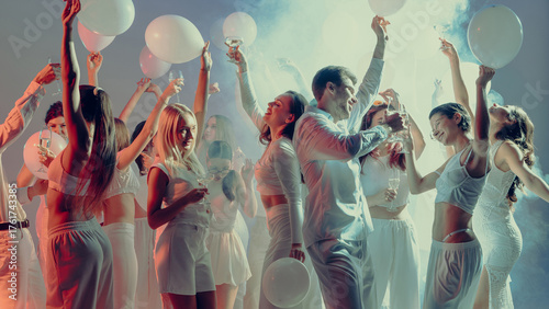 Konstfotografi Group of stylish people celebrating in white outfits with champagne and balloons