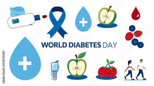 celebrates World Diabetes Day (November 14th), symbolized by the blue ribbon. It highlights essential aspects of diabetes management and prevention through a collection of icons: healthy eating (apple