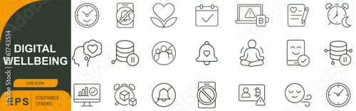 Digital Wellbeing Line Icon Set – Symbols of Mindfulness, Screen Balance, and Healthy Tech Habits