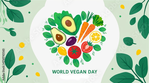 This image is a cheerful and vibrant flat lay celebrating World Vegan Day. It features a variety of fresh, colorful vegetables and fruits artfully arranged on a white background. Prominently displayed