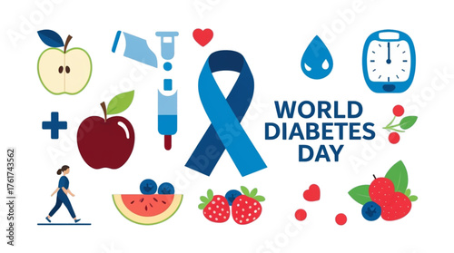 The image celebrates World Diabetes Day (November 14th), symbolized by the blue ribbon. It highlights essential aspects of diabetes management and prevention through a collection of icons: healthy eat