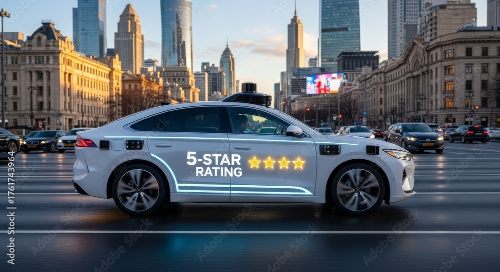 Obraz premium Autonomous Electric Vehicle with 5-Star Rating Navigating City Streets.