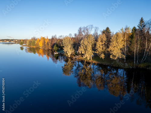 Calm autumn morning aerial view river scenery in Oulu, Finland