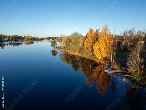 Calm autumn morning aerial view river scenery in Oulu, Finland