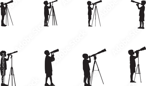 Silhouettes of children observing the sky through telescopes — black and white minimal vector illustration representing curiosity, astronomy, exploration, and learning; perfect for posters and educati