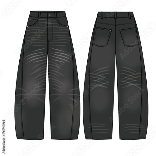 Technical Flat Sketch of Men's Vintage Wash Balloon Fit Jeans with Whiskering and Cut & Sew Panels