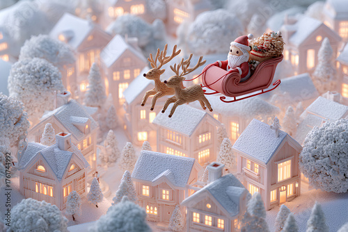 空飛ぶ可愛いトナカイのサンタさん（3D） / Flying Cute Reindeer Santa Claus (3D)
