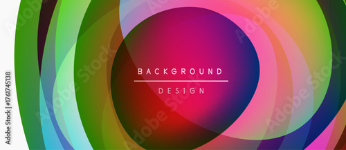Abstract colorful layers create dynamic circular design. Vibrant hues blend, forming modern background element.