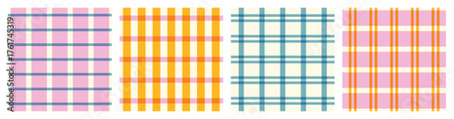 Set of abstract seamless bright modern geometric checkered colorful patterns of multicolored thin and wide lines on a light background; overlapping effect; simple vector illustration, flat style