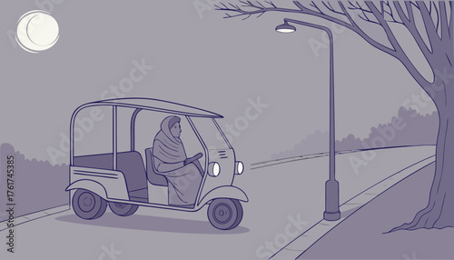 .Old rickshaw parked under street light with driver sitting inside wrapped in shawl, f