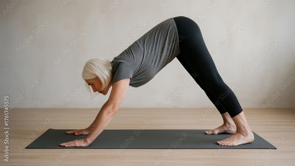 Naklejka premium Senior woman practicing yoga downward dog pose on a mat in a minimal home studio.