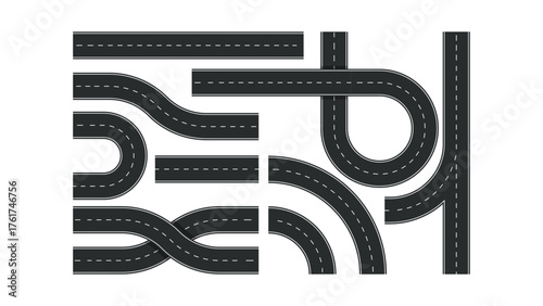 Asphalt road elements set isolated on white background