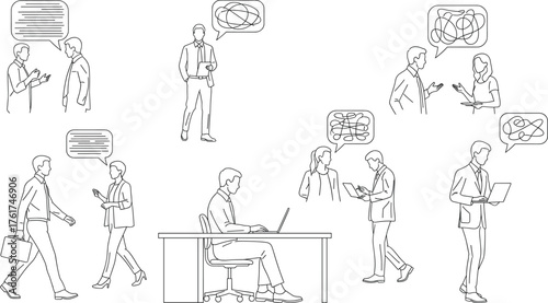 Modern business people interacting with technology, communicating via speech bubbles, using devices, working, walking, brainstorming in office and urban settings.