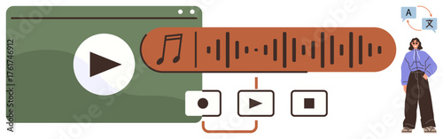 Audio waveform with play, pause, and stop buttons, language translation interface, user icon. Ideal for audio processing, media applications, translation, tech innovation voice recognition content